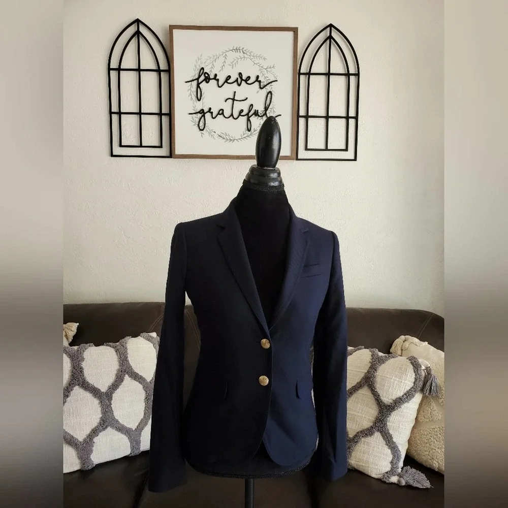 J Crew Navy Blue SchoolBoy Blazer Jacket Size 0 Wool Blend Classic Designer Boho